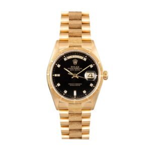 Rolex Day-Date 36mm 18038 President Bark Finish Diamond Dial Custom Black Dial & YG Bezel