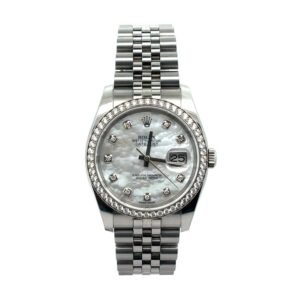 Rolex Date Just 36 Steel & Factory 18k White Gold Diamond Bezel White Mop Diamond Dial Jubilee Band