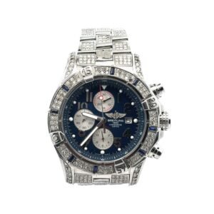 Breitling Super Avenger Chronograph A13370 48mm Blue Dial Custom Diamond Bracelet & Custom Diamond Bezel