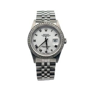 Rolex Date just 36mm Oyster Perpetual 16220 White Roman Numeral Dial Custom Diamond Bezel