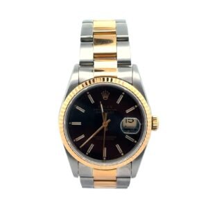 Rolex Date just 16233 36mm Black Dial YG Fluted Bezel Two Tone Oyster Bracelet 36mm