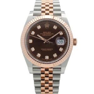 Rolex Date just 41mm 126331 Chocolate Diamond Dial Two Tone Rose Gold Fluted Bezel Jubilee Bracelet