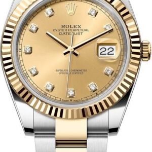 Rolex Date just 126333 41mm Factory Champagne Diamond Dial YG Fluted Bezel Two Tone Oyster Bracelet