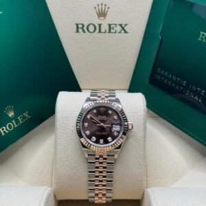 Rolex Date just Chocolate Star Diamond Dial Two Tone Rose Gold Fluted Bezel Jubilee
