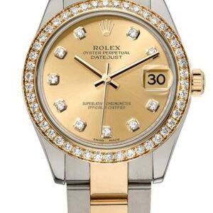Rolex Date just 31mm 6827 Gold/Steel Custom Champagne Diamond Dial & YG Diamond Bezel Oyster Band