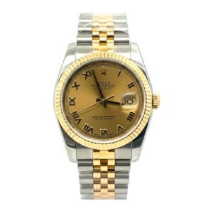 Rolex Date just 36mm 116233 Champagne Dial Fluted YG Bezel Jubilee Band