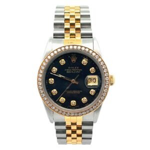 Rolex Date just 36mm 16013 Two-Tone Black Linen Diamond Dial & YG Diamond Bezel Jubilee Bracelet
