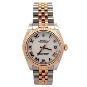 Rolex Date Just 31mm 178271 White Roman Numeral Dial RG Fluted Bezel Jubilee Band Rose/Steel