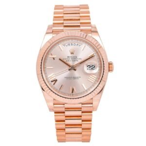 Rolex Day-Date 228235 – 40mm Everose Gold with Rose Roman Dial RG Fluted Bezel Presidential