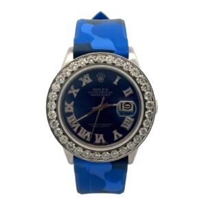 Rolex Datejust 36 mm 16014 Blue Diamond Roman Numeral Diamond Dial & Diamond Bezel Steel Rubber Band